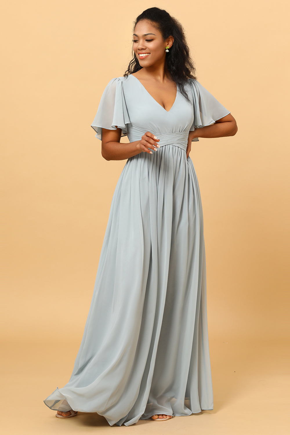 Wedtrend Women Dusty Blue A Line V Neck Floor Length Long Chiffon Bridesmaid Dress with Short Sleeves WEDTREND Wedtrend Women Dusty Blue A Line V Neck Floor Length Long Chiffon Bridesmaid Dress with Short Sleeves WEDTREND