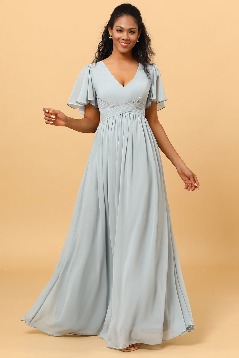 Wedtrend Women Dusty Blue A Line V Neck Floor Length Long Chiffon Bridesmaid Dress with Short Sleeves WEDTREND Wedtrend Women Dusty Blue A Line V Neck Floor Length Long Chiffon Bridesmaid Dress with Short Sleeves WEDTREND
