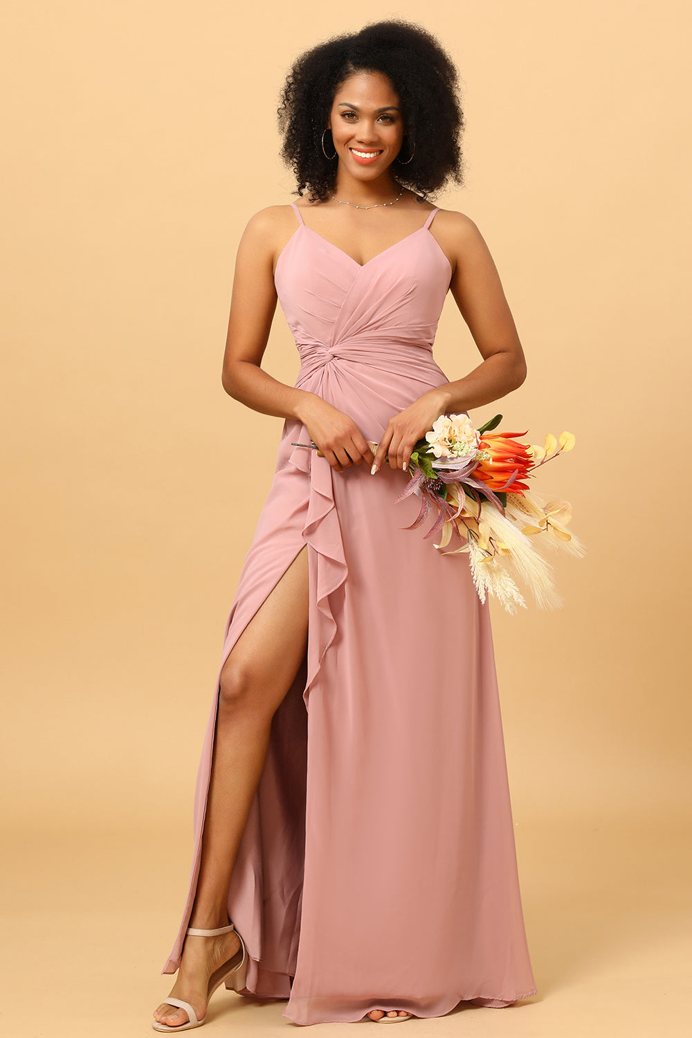 Wedtrend Women Blush Spaghetti Straps Chiffon Ruffled Long Bridesmaid Dress with Slit WEDTREND Wedtrend Women Blush Spaghetti Straps Chiffon Ruffled Long Bridesmaid Dress with Slit WEDTREND