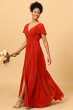 Rust Red A-Line Long Chiffon Bridesmaid Dress with Slit