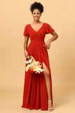 Rust Red A-Line Long Chiffon Bridesmaid Dress with Slit