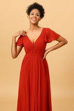 Rust Red A-Line Long Chiffon Bridesmaid Dress with Slit