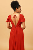 Rust Red A-Line Long Chiffon Bridesmaid Dress with Slit