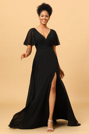 Black A Line V-Neck Long Chiffon Floor Length Dress with Slit