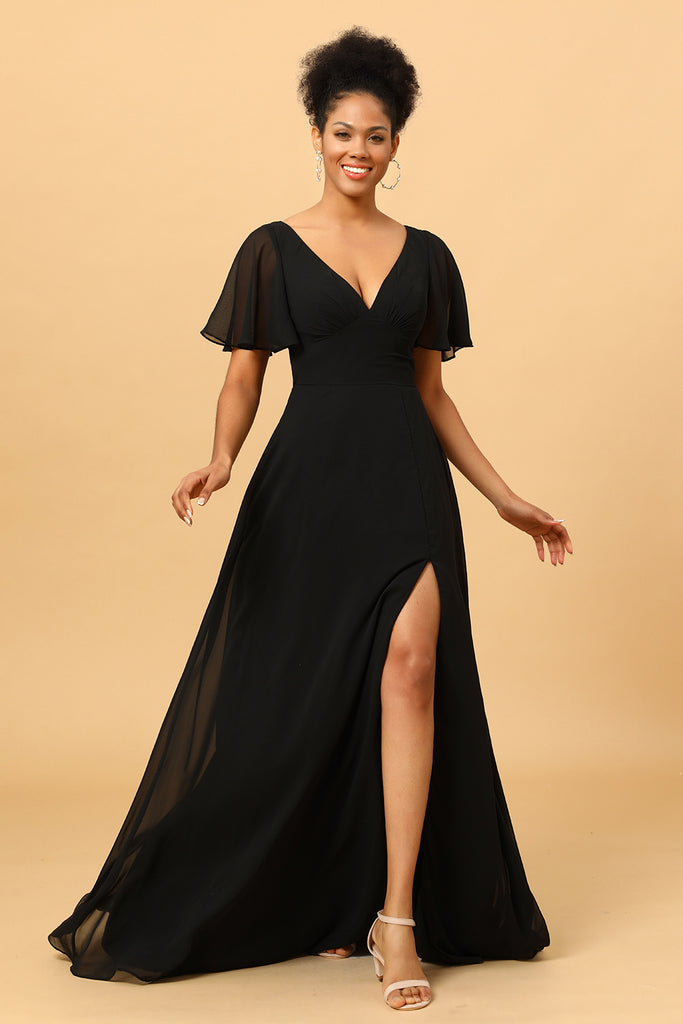 V-neck Sleeveless Chiffon Pleated A-line Dress with Slit Black