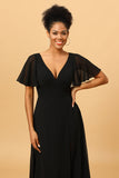 Black A Line V-Neck Long Chiffon Floor Length Dress with Slit