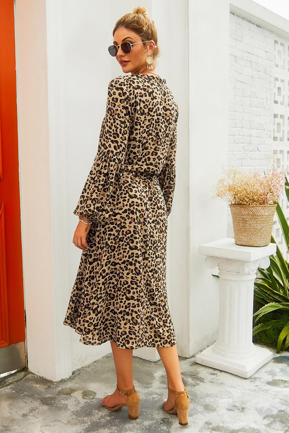 Brown Leopard Printed Casual Dress with Long Sleeves