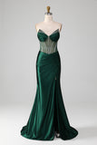 Dark Green Mermaid Strapless Corset Pleated Long Prom Dress With Slit