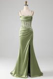 Sage Green Mermaid Sparkly Sequin Pleated Corset Satin Prom Dress