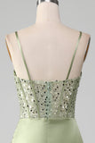 Sage Green Mermaid Sparkly Sequin Pleated Corset Satin Prom Dress