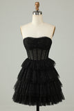 Black A Line Strapless Tiered Corset Homecoming Dress