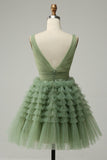 Green A Line Tulle V-Neck Short Prom Dress With Open Back