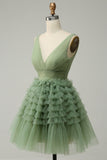 Green A Line Tulle V-Neck Short Prom Dress With Open Back