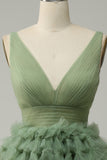 Green A Line Tulle V-Neck Short Prom Dress With Open Back