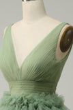 Green A Line Tulle V-Neck Short Prom Dress With Open Back