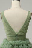 Green A Line Tulle V-Neck Short Prom Dress With Open Back
