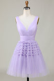 Green A Line Tulle V-Neck Short Prom Dress With Open Back