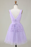 Green A Line Tulle V-Neck Short Prom Dress With Open Back