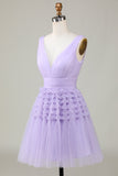 Green A Line Tulle V-Neck Short Prom Dress With Open Back