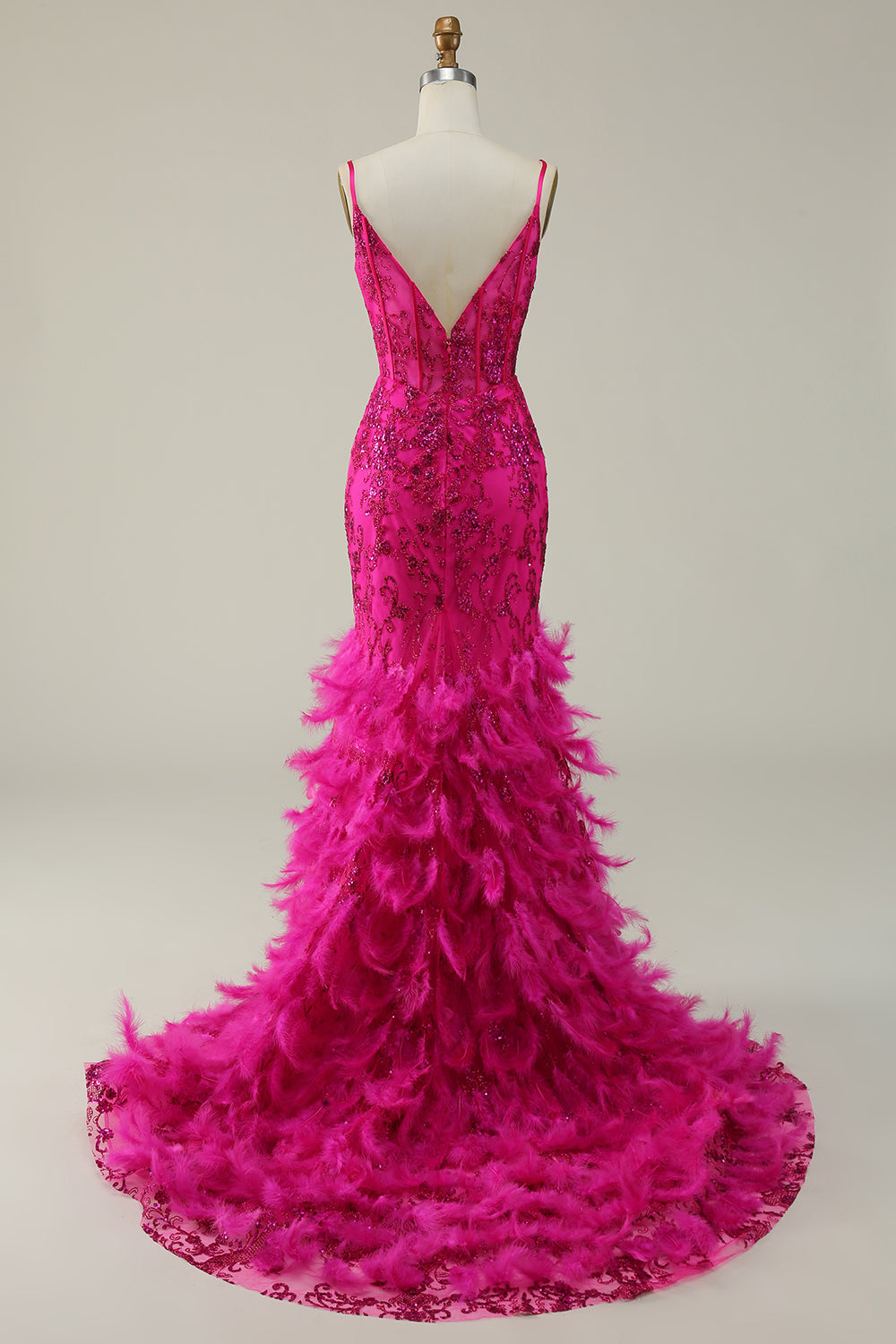 Sparkly Fuchsia Mermaid Long Sequin Prom Dress with Feathers