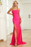 Fuchsia Mermaid Halter Neck Long Prom Dress with Split Front