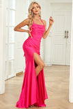 Fuchsia Mermaid Halter Neck Long Prom Dress with Split Front