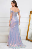 Purple Mermaid Sparkly Off The Shoulder Long Prom Dress with Slit