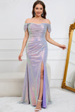 Purple Mermaid Sparkly Off The Shoulder Long Prom Dress with Slit