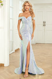 Blue Mermaid Off the Shoulder Sequins Long Prom Dress with Split Front