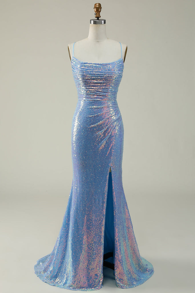 Mermaid Spaghetti Straps Sleeveless Blue Prom Dress LBQ1168 main image 1