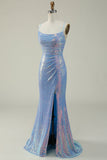 Blue Mermaid Sequined Spaghetti Straps Mermaid Prom Dress