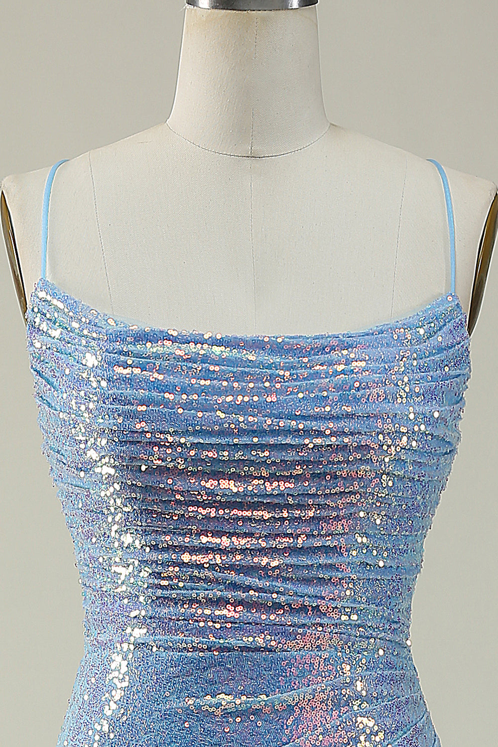 Blue Mermaid Sequined Spaghetti Straps Mermaid Prom Dress