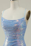 Blue Mermaid Sequined Spaghetti Straps Mermaid Prom Dress