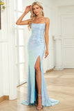 Blue Mermaid Spaghetti Straps Sequins Prom Dress with Split Front