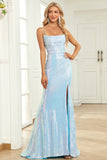 Blue Mermaid Spaghetti Straps Sequins Prom Dress with Split Front