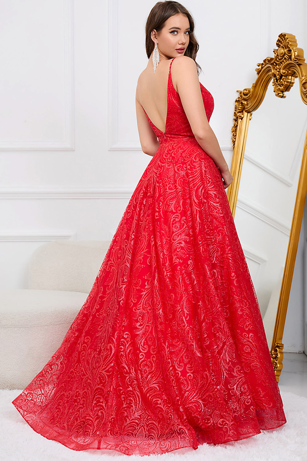 Red A Line Sparkly Spaghetti Straps Sexy Prom Dress