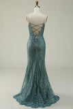 Green Mermaid Spaghetti Straps Long Prom Dress with Split Front