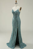 Green Mermaid Spaghetti Straps Long Prom Dress with Split Front