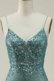 Green Mermaid Spaghetti Straps Long Prom Dress with Split Front