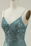 Green Mermaid Spaghetti Straps Long Prom Dress with Split Front