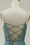 Green Mermaid Spaghetti Straps Long Prom Dress with Split Front
