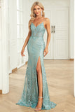 Green Mermaid Spaghetti Straps Long Prom Dress with Criss Cross Back