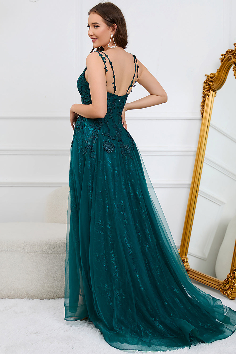 Dark Green A Line Spaghetti Straps Long Prom Dress with Appliques