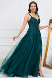 Dark Green A Line Spaghetti Straps Long Prom Dress with Appliques