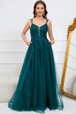 Dark Green A Line Spaghetti Straps Long Prom Dress with Appliques