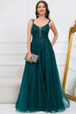 Dark Green A Line Spaghetti Straps Long Prom Dress with Appliques