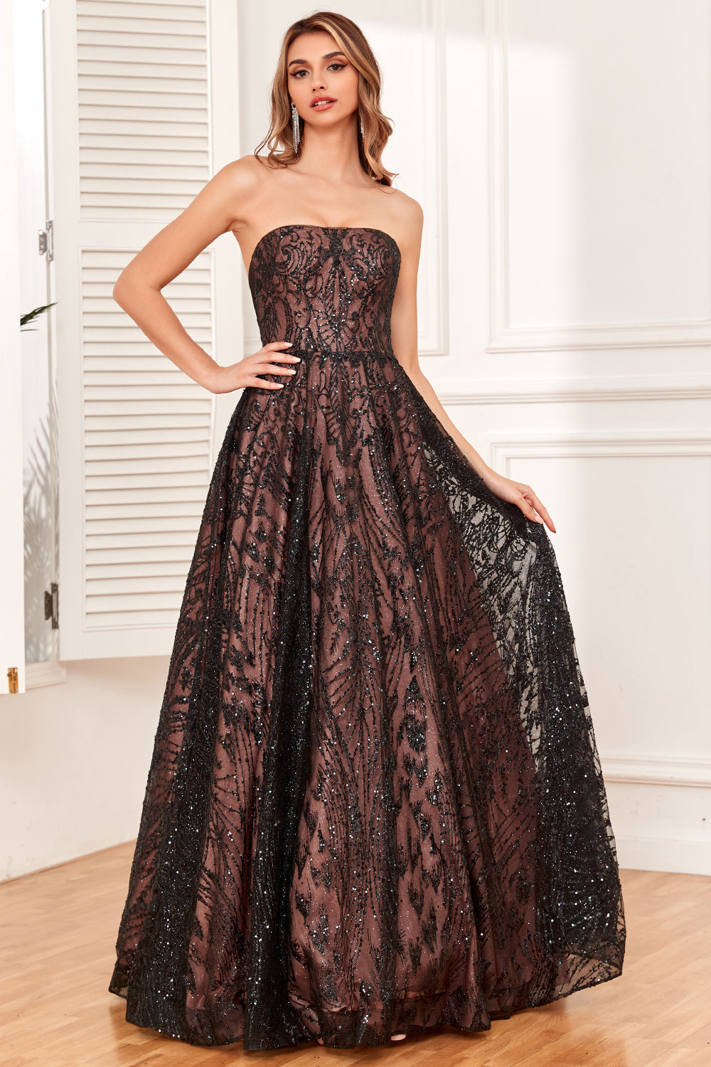 Black A Line Strapless Weddiong Party Dress with Beading