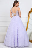 Purple A Line V Neck Floor Length Prom Dress with 3D Flowers