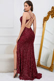 Burgundy Mermaid Spaghetti Straps Sequins Long Prom Dress with Slit