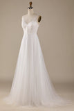 Ivory A Line V-Neck Tulle Sweep Train Wedding Dress with Lace